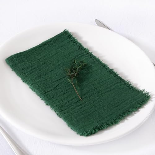 Image of MLMC 10 Pack Emerald Green Cloth Napkins with Fringe Boho Linen Napkins Washable Reusable Rustic Dinner Table Decor 17 inchx17 inch for Wedding Party Bridal Shower Reception Decor