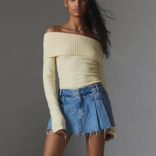Image of Women Off The Shoulder Sweater Y2k Long Sleeve Boat Neck Knit Cropped Pullover Tops Fall Trendy Going Out Streetwear