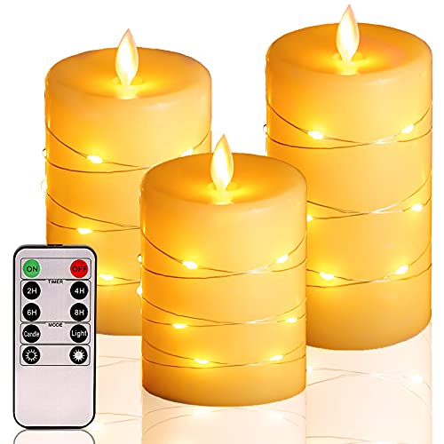 Flameless Candles,Battery Operated Candles,LED Candles.Battery Candles with String Lights.Flickering Candles with Remote and Timer.for Seasonal and Festival Celebrationâ€™s Candles Set of 3.