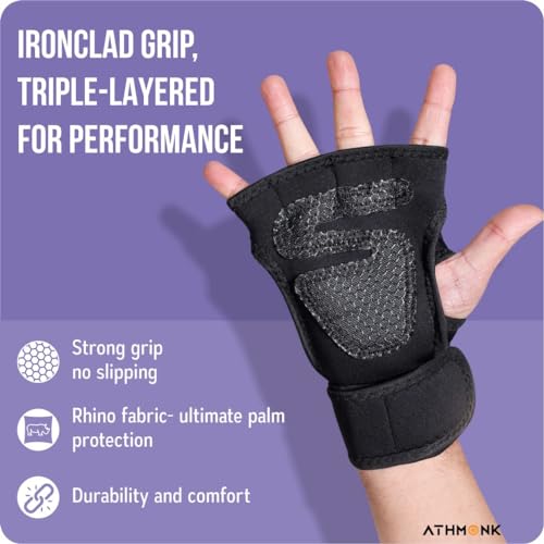 Gym Gloves for Men & Women - Workout Exercise Sports - Crossfit Powerlifting Weight Lifting MMA - with Wrist Supporter Wrap Strap - Fingerless Half Hand Cut - Stylish Palm Grip - Black, M