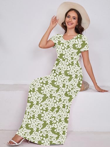 Image of DEARCASE Maxi Dress for Women Short Sleeve Casual Summer Loose Plain Comfy Long Dresses with Pockets