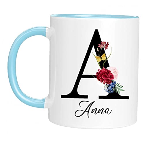 Taza personalizada - 'Taza con nombre con patrón de flores'-con su primera letra y nombre-Taza de café cumpleaños personalizado 11 Oz impresa en ambos lados-Personalizar regalos para mujer Azul cielo
