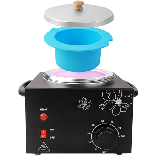 Portable Wax Warmer Machine for Painless Hair Removal, Women Men Professional Wax Heater with Adjustable Temperature Set, 20pcs Sticks, 1 Silicone Bowl (Black- Single Pot)