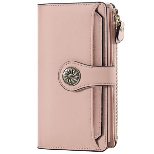 Travelambo Wallets Women RFID Large Capacity Luxury Waxed Leather Clutch Wallet Multi Card Organizer(Light Purple + Champagne Pink)3
