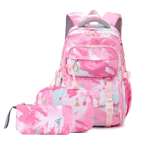 Mochila para meninas e crianças, mochila com lancheira para ensino fundamental e médio, conjunto de mochila escolar para adolescentes, Conjunto de 3 peças - rosa, Large