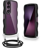 SONY Xperia 1 VII 用 ケース クリア ショルダー ストラップ付き エクスペリア1 VII 用 カバー 耐衝撃 SO-51F / SOG15 スマホケース 透明 肩掛け 斜めかけ 紐付き 縄掛けケース 長さ調整可能 取り外し可能(ブラック)