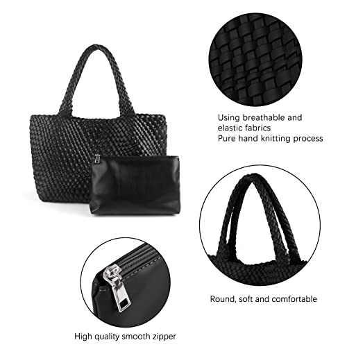 Image of Woven Tote Bag for Women Retro Handwoven Shoulder Travel Handbag Large Capacity Hobo Vegan Leather Bags with Purse