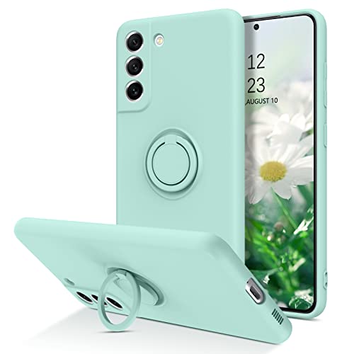 YINLAI Coque pour Samsung Galaxy S21 FE 5G Caoutchouc Liquide avec 360° Ring Stand Etui Samsung S21 FE Housse de Silicone Antichoc Bumper Cover pour Samsung Galaxy S21 FE 5G - Cyan Clair Cover