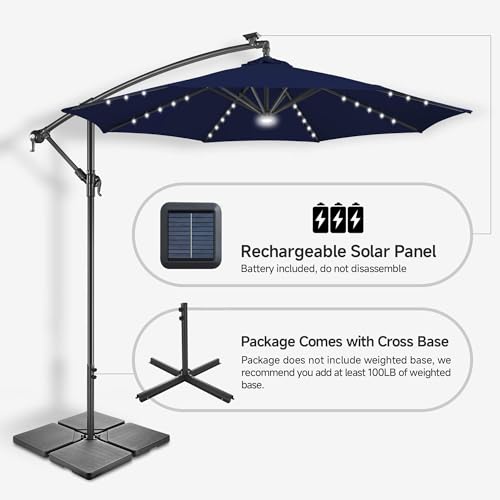 Image of Solar Offset Patio Umbrella - 10 FT Solar Cantilever Umbrella Outdoor with 40 LED Lights and Cross Base, UV Protection for Garden, Deck, Backyard, Pool, Porch, Navy Bluery
