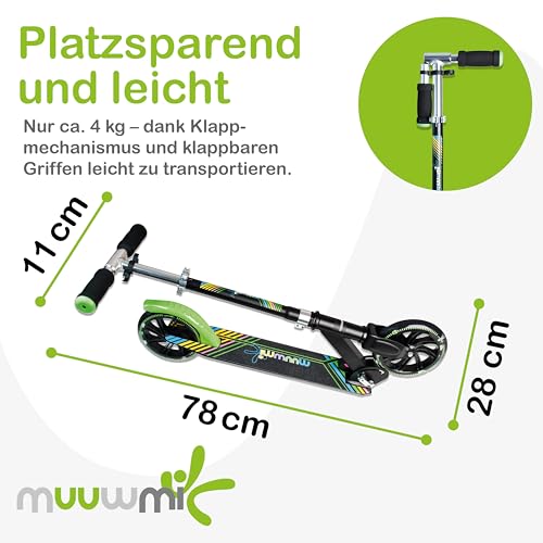 Muuwmi Aluminium Scooter Neon - 180 mm Räder - ABEC 5 Lager - Höhenverstellbarer Lenker - Geeignet für Kinder - GS-Zertifiziert - Bis zu 100 kg - mit Leuchtrollen - Tretroller in grün-schwarz