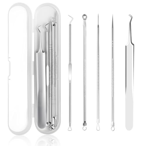 LOPHE Puntos Negros Kit, 5 en 1 Herramientas para Eliminar Espinillas, Extractor de Puntos Inoxidable, Removedor de Comedones, Blackhead Remover, Extracción de Acné Profesional con Pinzas (Plata)