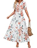 ZESICA Women's 2025 Summer Casual Floral Print Short Sleeve V Neck High Waist A Line Tiered Flowy Boho Maxi Dress,Ivory,Medium