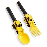Dinneractive Construction Themed Utensil Set for Kids - 2-Piece Yellow Loader & Tractor Toddler Forks and Spoons