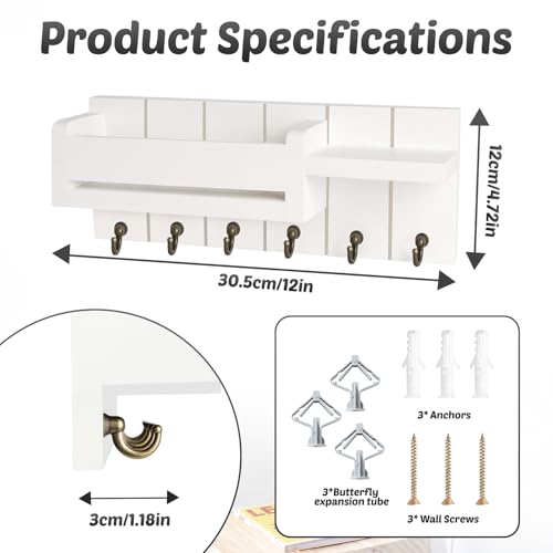 Key Holder for Wall - Key Hooks Wall Mounted with Shelf, Wooden Key Rack Letter Holder with 6 Hooks,Key Hooks for Home Decor, Key Hanger with Coat Hooks, Box Key Holders for Entryway Hallway (White) - Cosy Home Interiors Key Holder for Wall - Key Hooks Wall Mounted with Shelf, Wooden Key Rack Letter Holder with 6 Hooks,Key Hooks for Home Decor, Key Hanger with Coat Hooks, Box Key Holders for Entryway Hallway (White) - Image 2