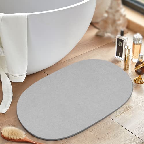 Wall Qmer Diatomaceous Earth Bath Mat, Large Size 23.5" X 15.5", Fast Drying Absorbent Bath Stone Mat, Anti-Slip Bathroom Floor Mat, Eco-Friendly Hard Shower Mat, Oval, Light Gray #TOP25