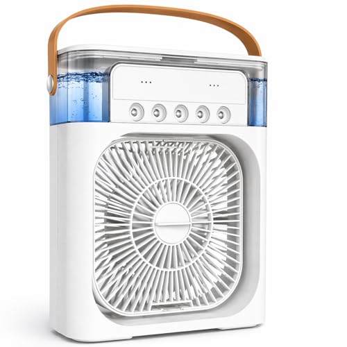 Portable Air Cooler Fan with Water Tank & USB Power - Mini Personal Evaporative Cooler with 3 Speeds, Mist Humidifier, LED Light, Quiet Cooling for Home, Office, Bedroom