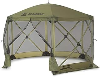 CLAM Quick-Set Escape 11.5 x 11.5 Foot Portable Pop-Up Outdoor Camping Gazebo Screen Tent 6 Sided Canopy Shelter with Ground Stakes & Carry Bag, Green