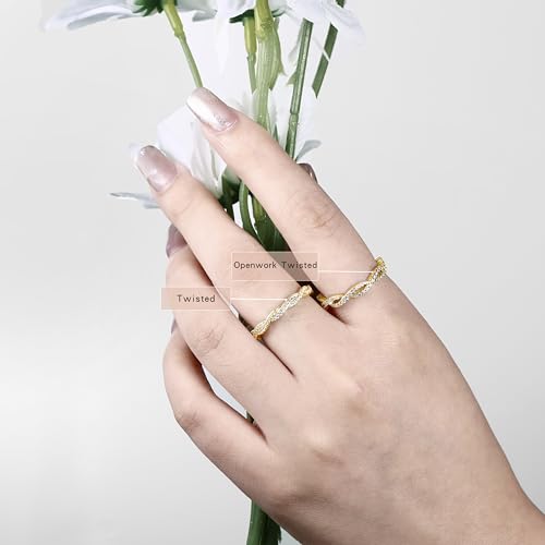 SILVERNANA Moissanite Wave Twisted Wedding Band for Women, Yellow Gold Plated Sterling Silver Twisted Vine Pave Stackable Eternity Ring Size 5 — view 5