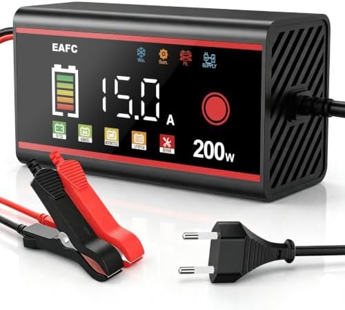 EAFC 15A KFZ Ladegerät, 12V Auto Batterie Ladegerät, für AGM/EFB/LiFePO4 | Autobatterie Ladegerät, Farb-LCD-Display, Intelligentes Laden, Überspannungsschutz