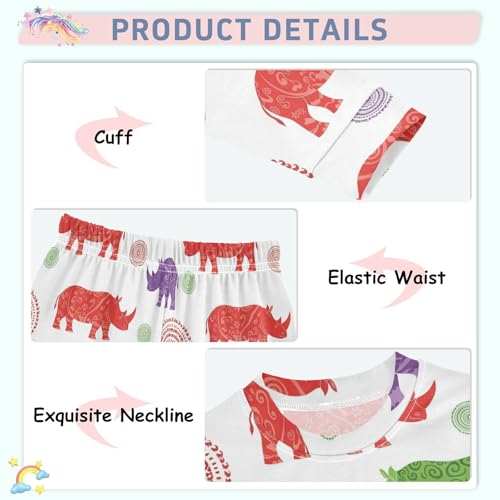 Pajama Sets Long Sleeve Colorful Rhinos with Patterns Soft Comfy Sleepwear 2 Piece PJS 3-8T4
