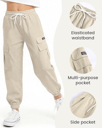 Image of JiAmy Girls Cargo Pants Elastic High Waist Drawstring Pants Jogger Trousers Casual Loose with Pockets 6-14Y