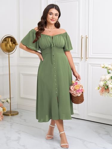 Womens Plus Size Dress Square Neck Smocked Button Down Tie Front Split A-Line Maxi Long Dresses4