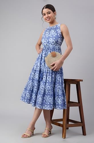 Image of Janasya Women's Blue Pure Cotton Floral Printed Tiered Dress