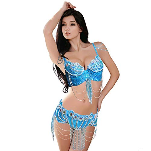 ROYAL SMEELA Belly dance Costume Set Professional For Women Carnival Bellydance Bra and Belt, Light Blue, Large