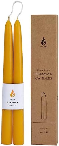 Aglary 2PCS Beeswax Taper Candles, 9" Handmade Natural Candles, Dripless and Smokeless，9 Hour Burn Time