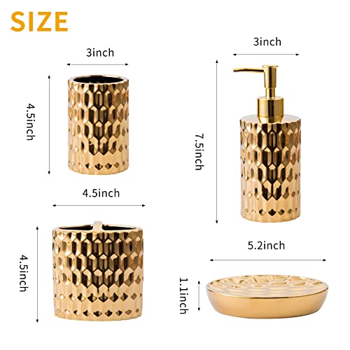 Rzcnc Bathroom Accessories Set Complete, Ceramic 4 Piece Bathroom Set Accessories Bath Accessories Set Complete Soap Dispenser Set With Toothbrush Holder, Soap Dispenser, Tumbler And Soap Dish,Golden #TOP1
