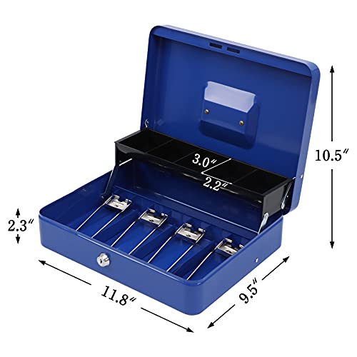 Xydled Metal Cash Box, Cash Box With Money Tray And Key Lock, Storage Box, Blue,4 Bill / 5 Coin Slots,11.8" X 9.5" X 3.5" #TOP1