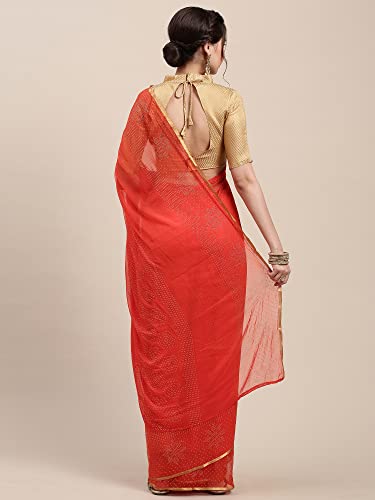 Image of AKHILAM Women's Chiffon Embellished Saree With Unstitched Blouse Piece (Orange DOLY3302)