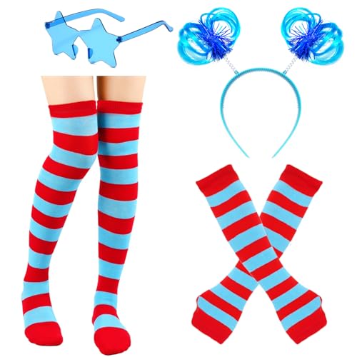 Socks for Dr Seuss Costume Accessories Adult Girls Women Teacher Shirts Outfits Pajamas Dress Headband Hat for Thing 1 and 2 Costumes Party Clothes Favors Blue Red