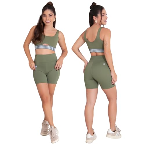 Conjunto Fitness Feminino Erika – Top + Bermuda Suplex Poliamida Geladinho (MILITAR, M)