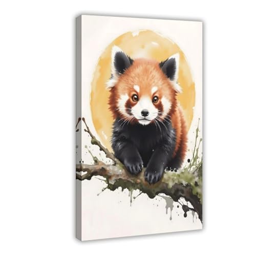 Impression sur toile panda rouge et soleil doré décoration murale 40x61 cm