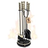 AMAGABELI GARDEN & HOME Fireplace Tools Set 5 Pcs Wrought Iron Indoor with Stand for Fire Place Kit Holder Wood Stove Hearth Accessories Chimney Fire Pit Tongs Shovel Brush Poker Fireset Outdoor Brass