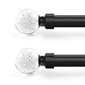 2 Pack Orger 1 Inch Curtain Rods Adjustable Length from 36 Inches to 72 Inches, Decorative Single Window Drapery Rods with Round Clear Bubble Glass Finials, Black Window Treatment Rods for Living Room