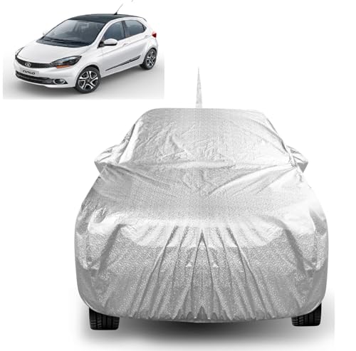 Image of Auto Hub Car Cover Compatible with Tata Tiago with Back Antenna & Mirror Pocket Soft Cotton Lining, Tiago Car Cover Waterproof - Metallic Silver