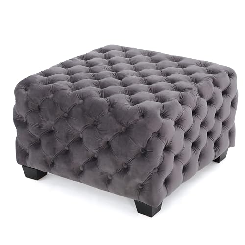 roomfitters Velvet Tufted Storage Ottoman, Upholstered Square Footrest with Hidden Compartment, Dark Grey