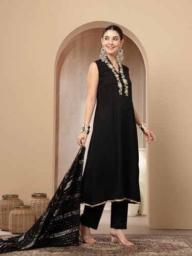 Image of Stylum Women's Solid & Embroidered Crepe A-Line Kurta with Dupatta
