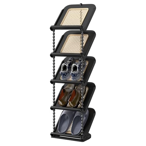 Funecy Retro Rattan Vertical Shoe Rack, Free Standing Shoe Storage Cabinet, Small Shoe Rack, Storage Rack, Suitable for Small Spaces and Narrow Spaces (Black, 5-Tier)