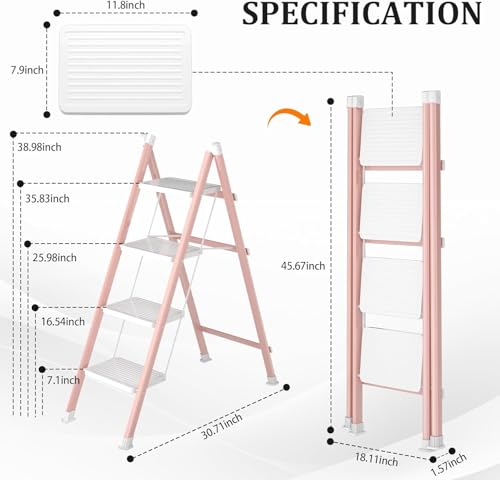 DIAMONDFORGE 4 Step Folding Ladder, Heavy Duty Steel Step Stool with Anti-Slip Wide Pedal & Feet, 600 lbs Capacity, Safety Ladder for Home and Office, Pink White by DIAMONDFORGE - Image 5