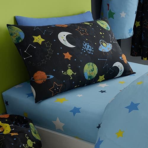 Happy Linen Company Girls Boys Kids Alien Adventure Outer Space Navy Blue Double Reversible Duvet Cover Bedding Set