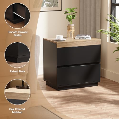 Image of Nightstand with Oak Top, 23.7 inch Wide Night Stand with 2 Drawers, Simple Black Nightstand, Modern Bedside Table for Bedroom