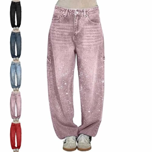Women's Casual Rhinestone Loose Harem Jeans,Womens High Waisted Baggy Rhinestone Jeans,Straight Wide Leg Bling Denim Pants (AU, Alpha, Large, Regular, Regular, Pink)