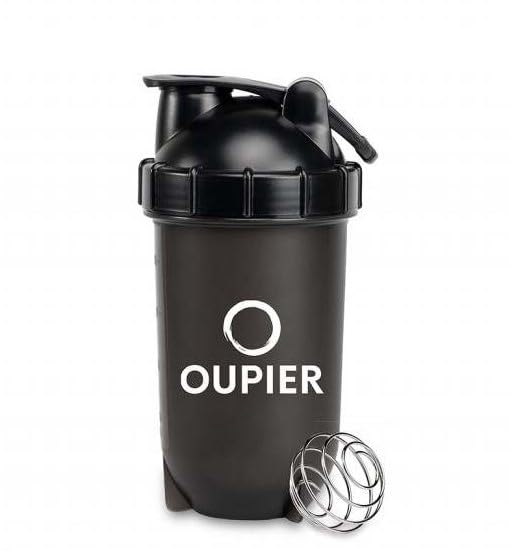 Oupier Tumbler Cooler Shaker - Protein Shaker Bottle and Smoothie Cup, 20 oz - Bladeless Blender Cup Purees Raw Fruit with Blending Ball – Powder Mixer for Pre Workout Gym (Black)