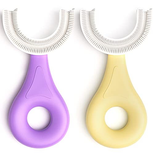 Image of YOTEE U-Shaped Toothbrush Kids 2 PCS - Toddler Toothbrush with Food Grade Soft Silicone Brush Head, Manual Whole Mouth Tooth Brush for Kids Age 2-6(Purple+Yellow)