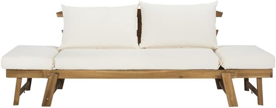 Pemberly Row Acacia Wood Outdoor Daybed, Teak Brown and Beige Finish, Weather-Resistant Upholstery, 82" W x 29.5" H x 29.1" D, Contemporary Style Patio, Deck, Garden Relaxation Furniture