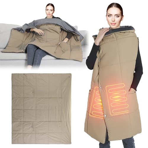 iMounTEK Electric Throw Blanket USB Heated Blanket Electric Heated Poncho Shawl Wrap Throw w/Zipper Arm Holes Pocket 3 Heating Level 6 Zones Dual Switch Machine Washable for Home Outdoor/Camel(Medium)