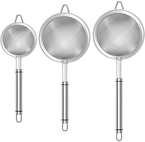 Tamiz de malla fina (7 cm, 8 cm, 10 cm), tamaño de acero inoxidable con mango antideslizante, coladores de cocina para té, cóctel, jugo de harina, especias y horneado, color plateado (paquete